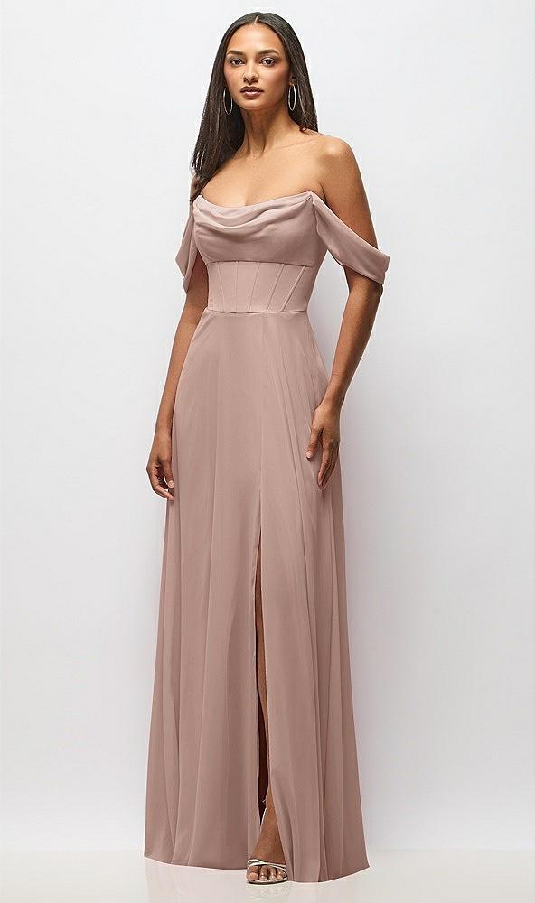 chiffon corset maxi dress with removable off-the-shoulder swags