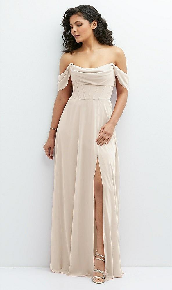 chiffon corset maxi dress with removable off-the-shoulder swags