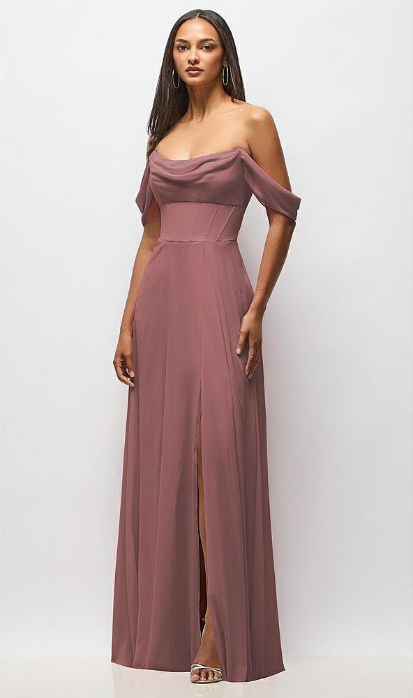 chiffon corset maxi dress with removable off-the-shoulder swags