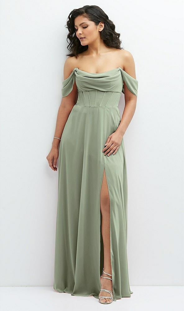 chiffon corset maxi dress with removable off-the-shoulder swags