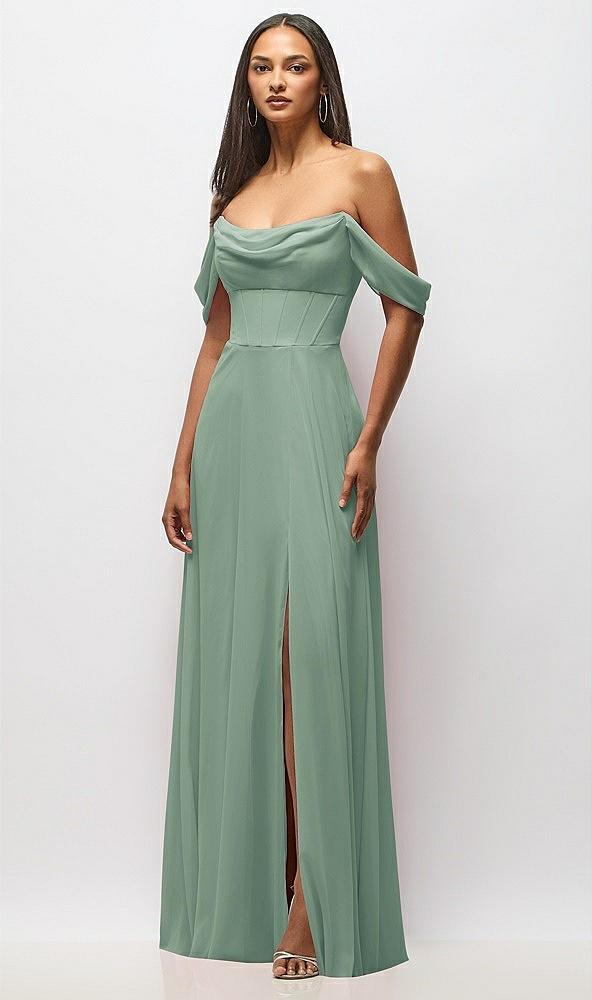 chiffon corset maxi dress with removable off-the-shoulder swags