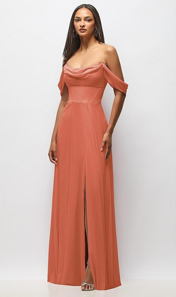chiffon corset maxi dress with removable off-the-shoulder swags