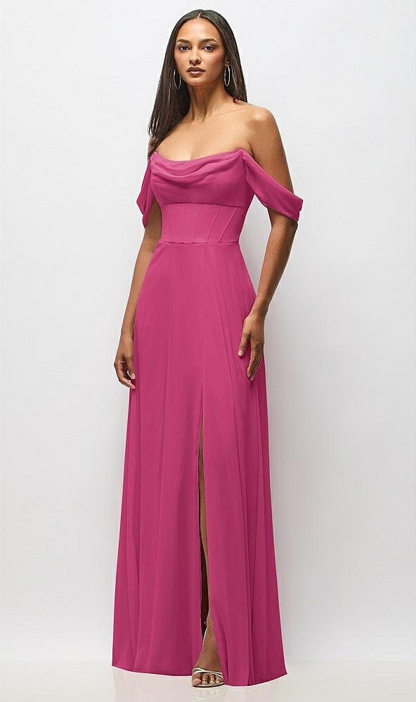 chiffon corset maxi dress with removable off-the-shoulder swags