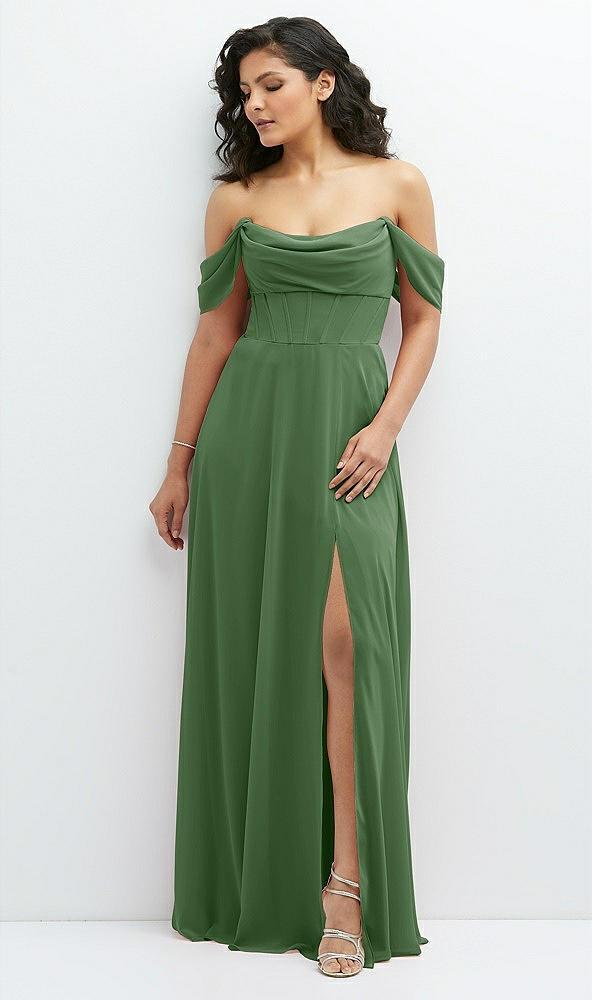 chiffon corset maxi dress with removable off-the-shoulder swags