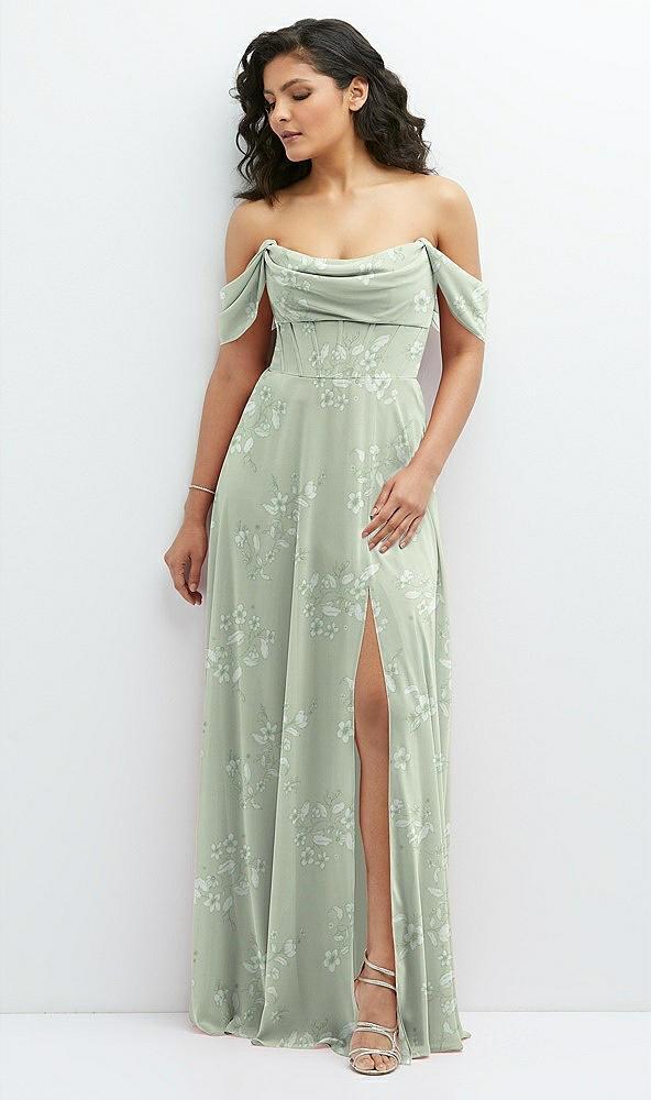 chiffon corset maxi dress with removable off-the-shoulder swags