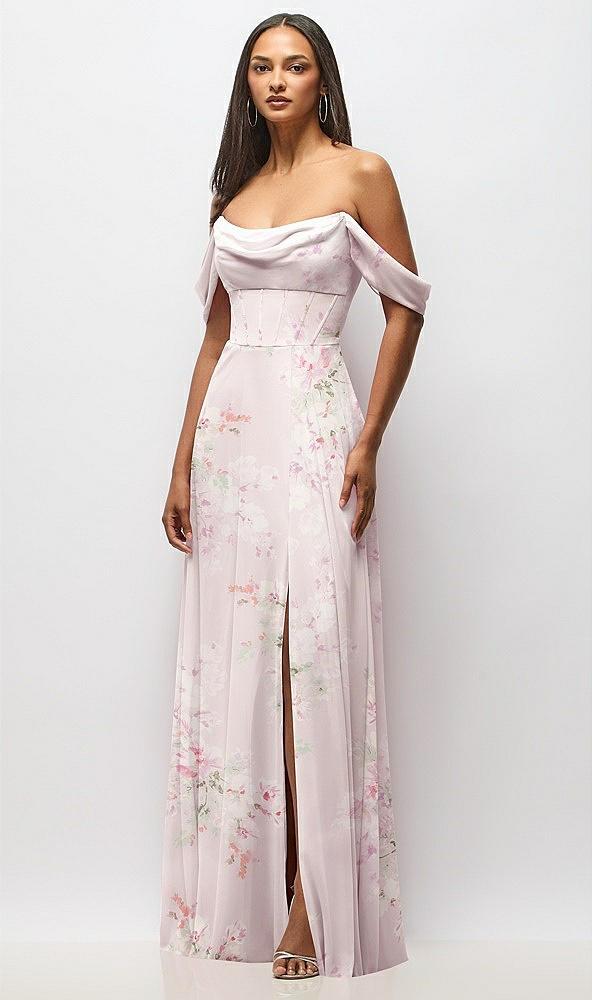 chiffon corset maxi dress with removable off-the-shoulder swags
