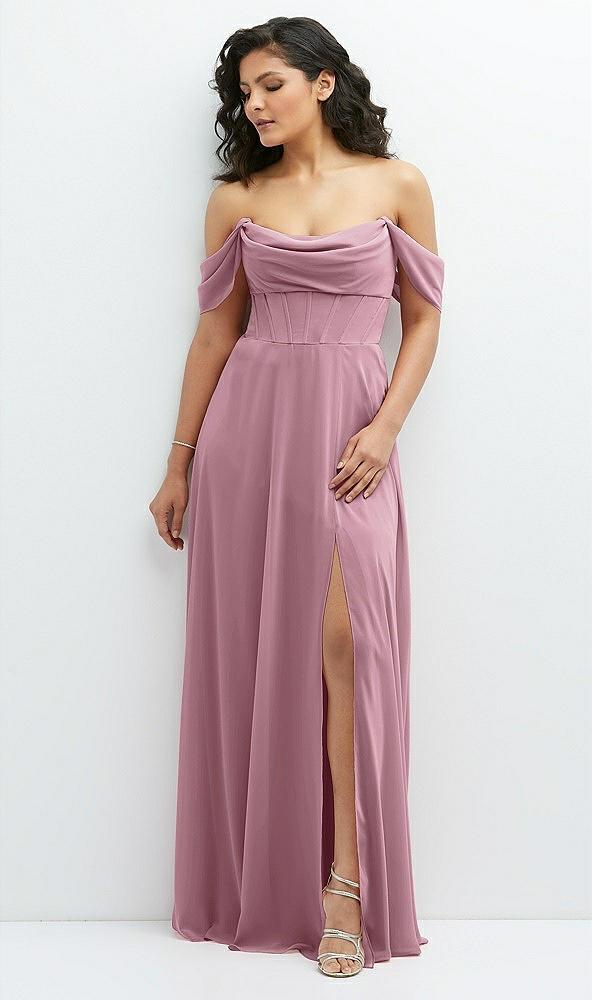 chiffon corset maxi dress with removable off-the-shoulder swags
