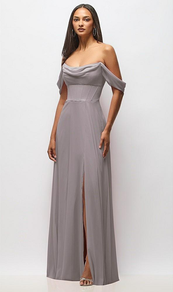 chiffon corset maxi dress with removable off-the-shoulder swags