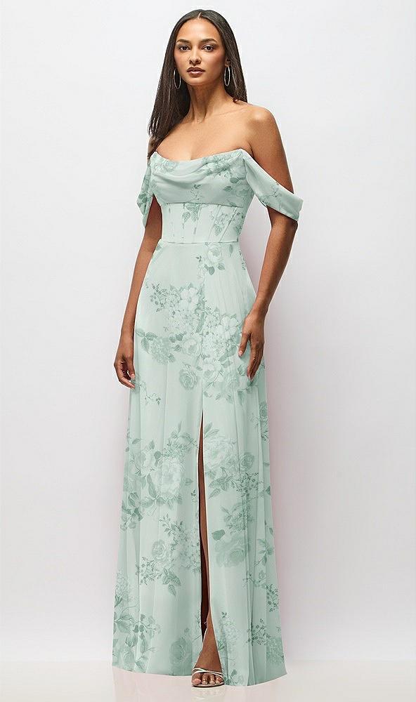 chiffon corset maxi dress with removable off-the-shoulder swags