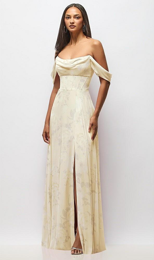chiffon corset maxi dress with removable off-the-shoulder swags