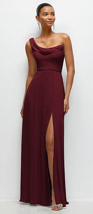 chiffon one-shoulder maxi dress with draped cowl neckline