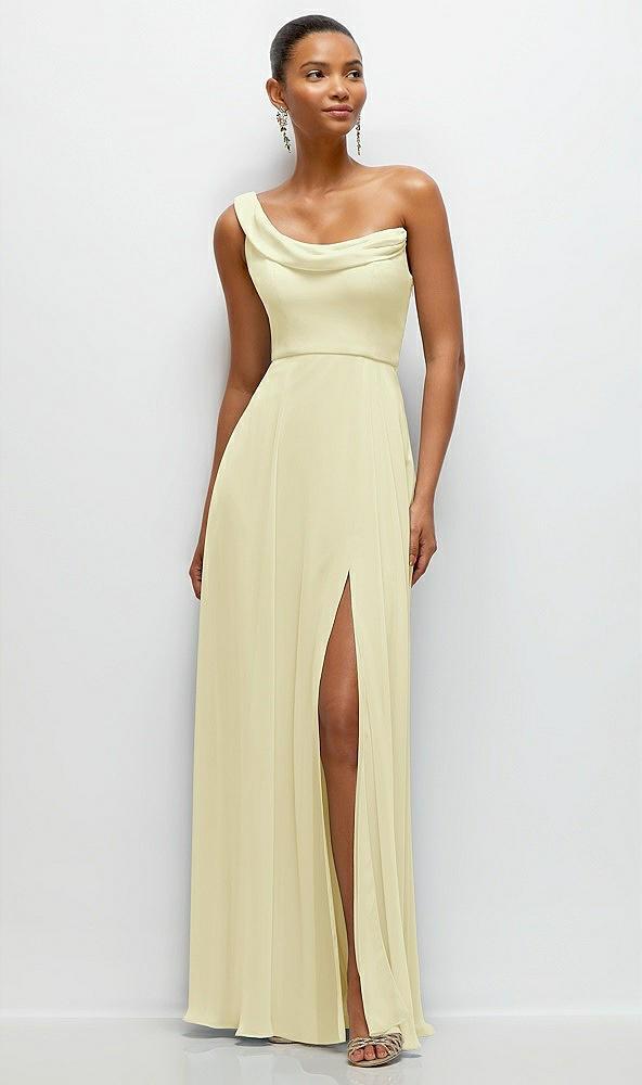 chiffon one-shoulder maxi dress with draped cowl neckline
