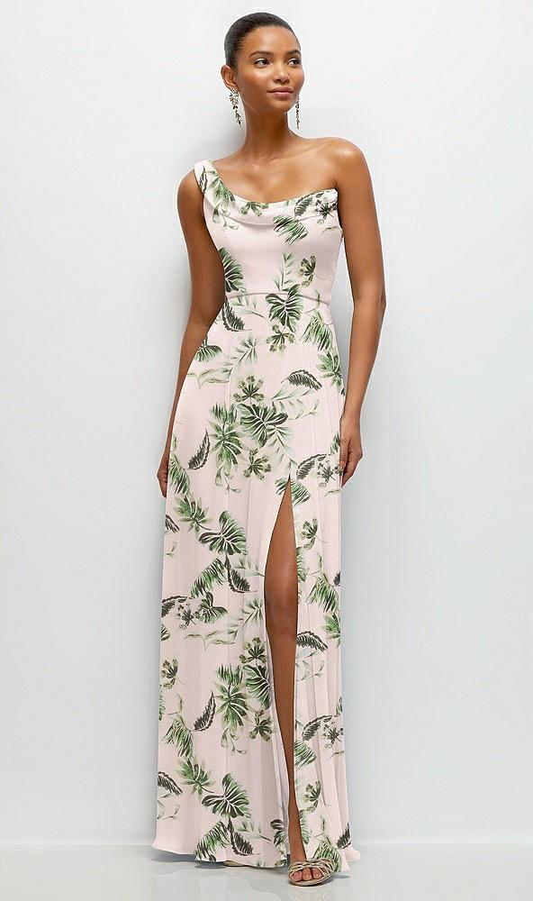 chiffon one-shoulder maxi dress with draped cowl neckline