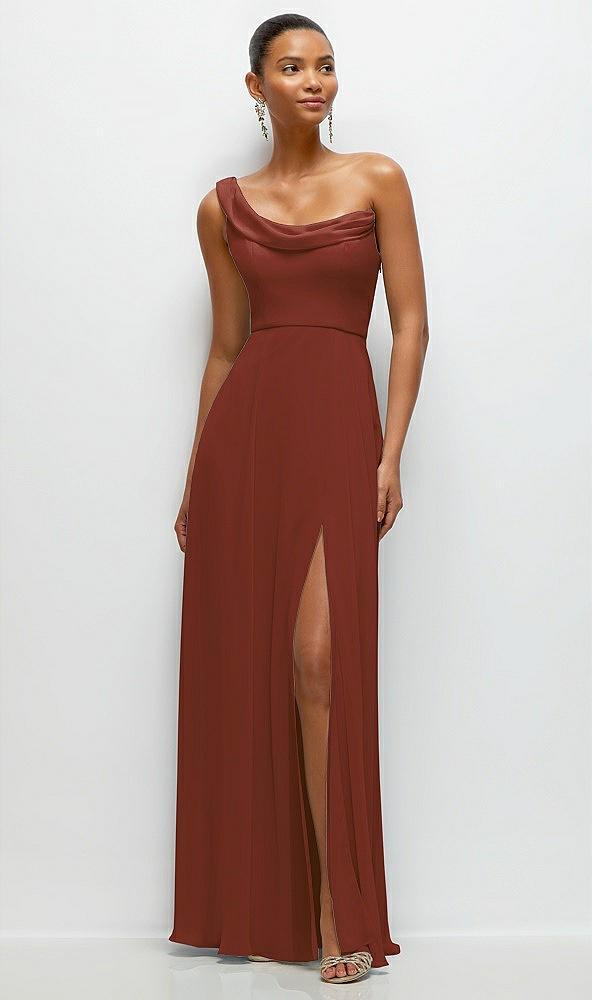 chiffon one-shoulder maxi dress with draped cowl neckline