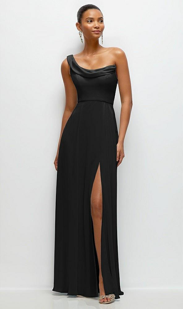 chiffon one-shoulder maxi dress with draped cowl neckline