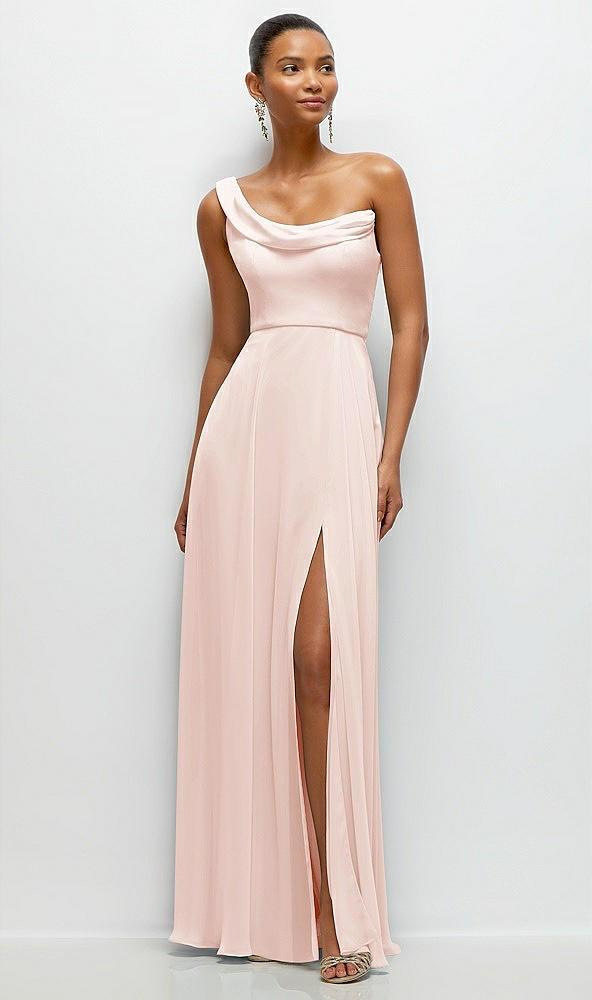chiffon one-shoulder maxi dress with draped cowl neckline