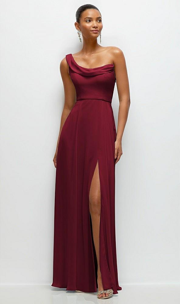 chiffon one-shoulder maxi dress with draped cowl neckline