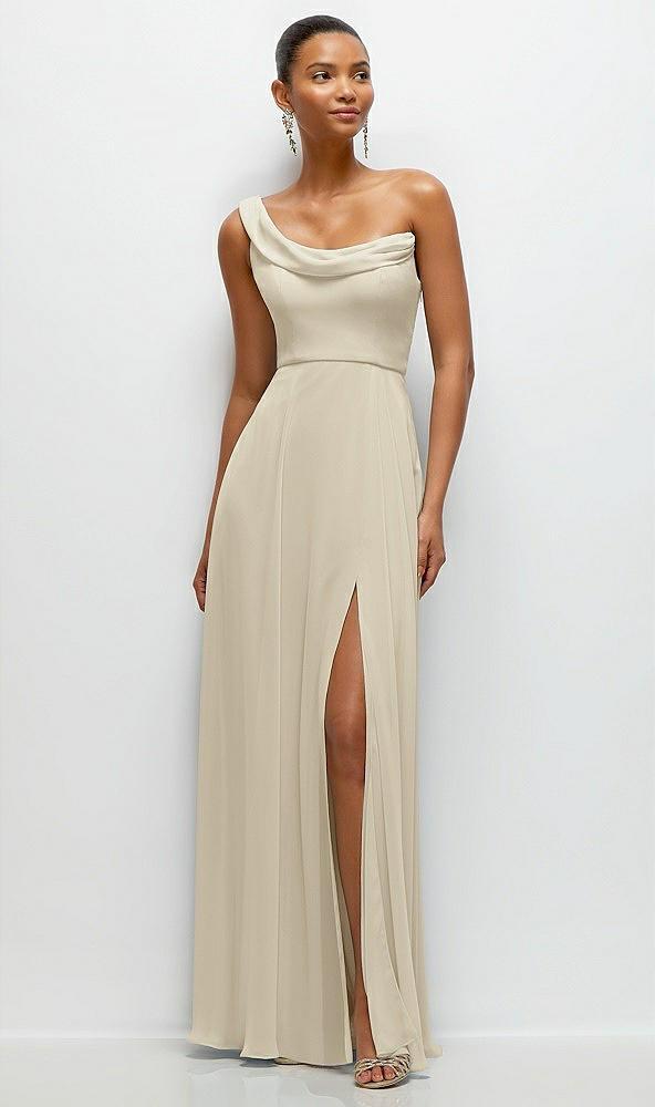 chiffon one-shoulder maxi dress with draped cowl neckline