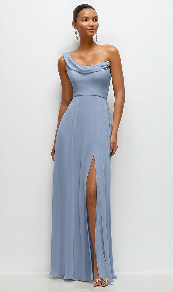 chiffon one-shoulder maxi dress with draped cowl neckline