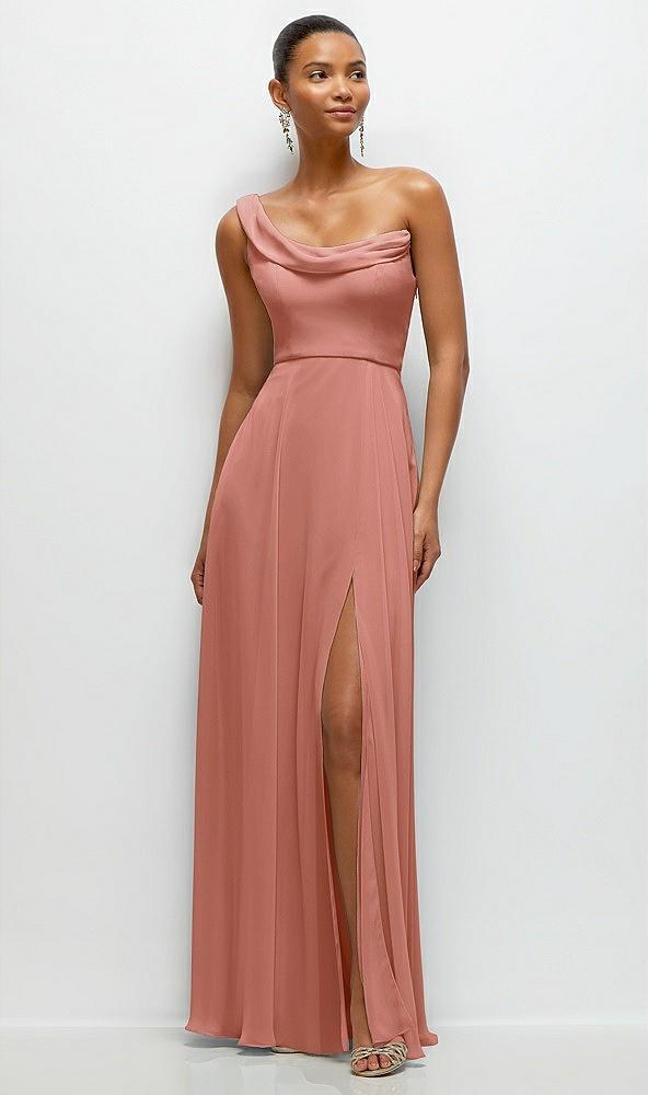 chiffon one-shoulder maxi dress with draped cowl neckline