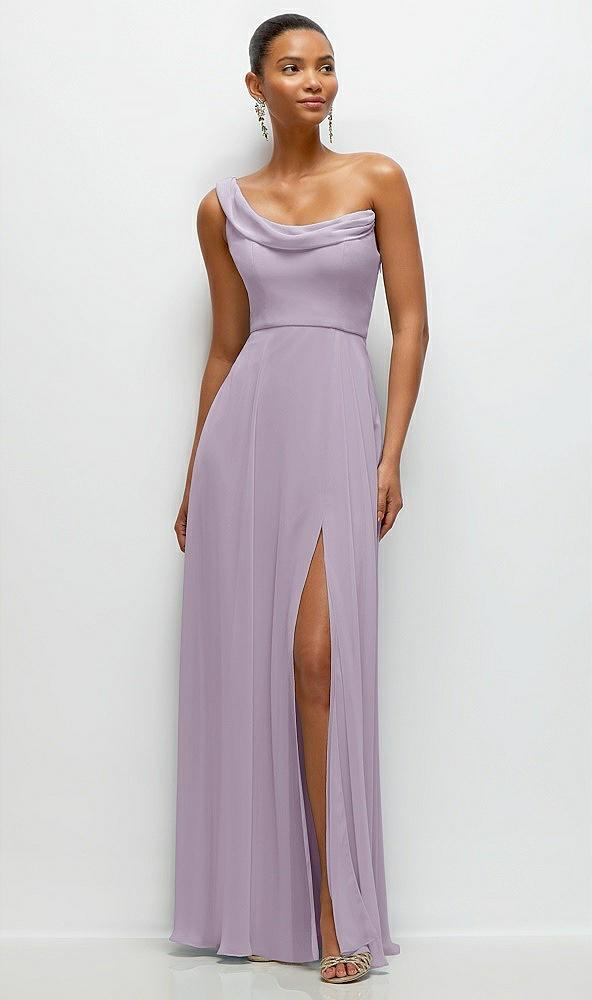 chiffon one-shoulder maxi dress with draped cowl neckline