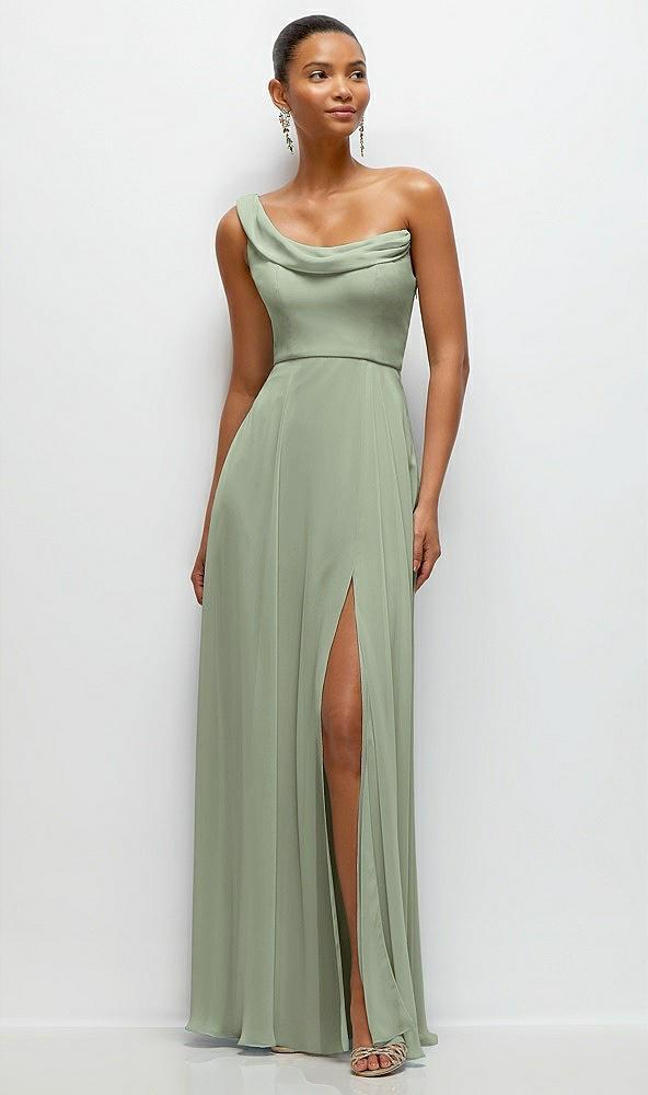 chiffon one-shoulder maxi dress with draped cowl neckline