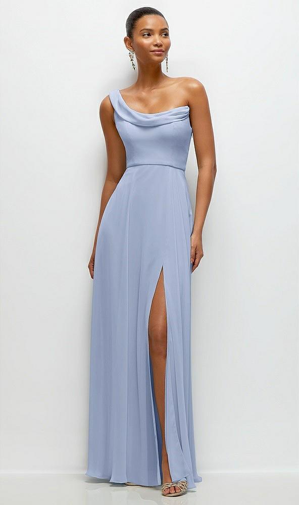chiffon one-shoulder maxi dress with draped cowl neckline