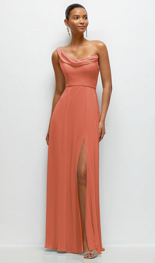 chiffon one-shoulder maxi dress with draped cowl neckline