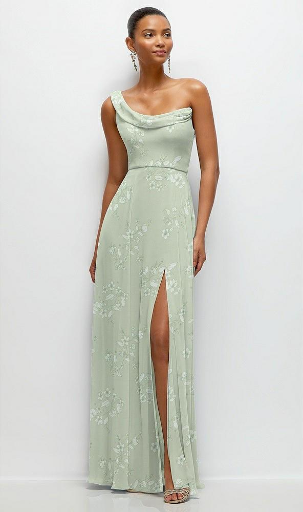 chiffon one-shoulder maxi dress with draped cowl neckline