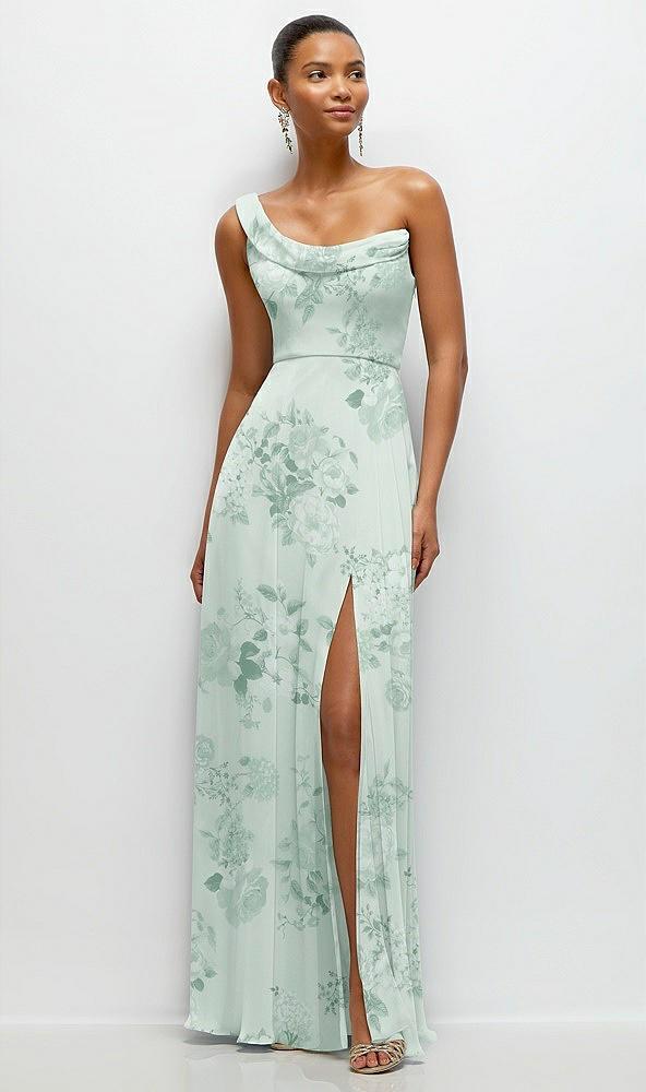 chiffon one-shoulder maxi dress with draped cowl neckline