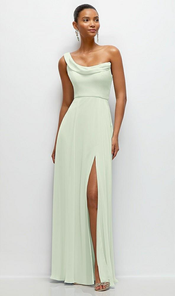 chiffon one-shoulder maxi dress with draped cowl neckline