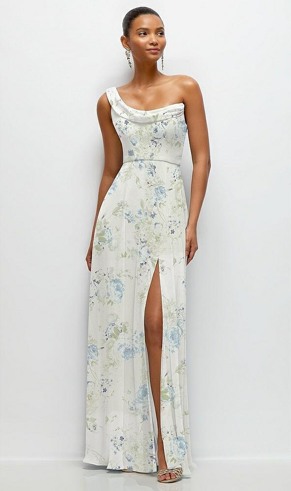 chiffon one-shoulder maxi dress with draped cowl neckline