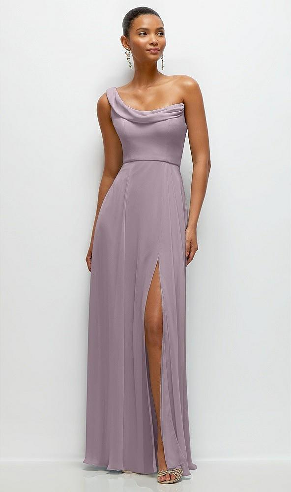 chiffon one-shoulder maxi dress with draped cowl neckline