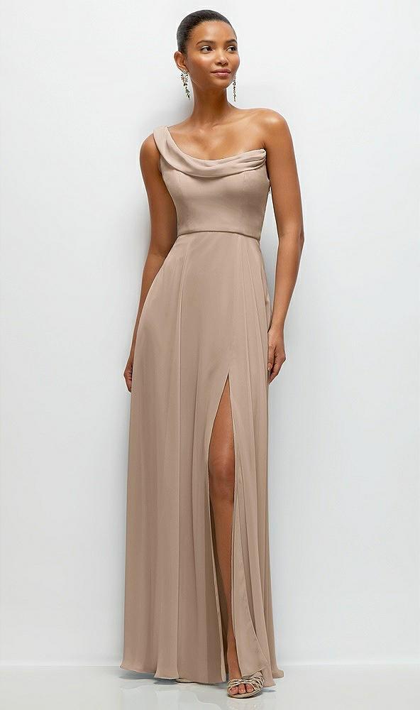 chiffon one-shoulder maxi dress with draped cowl neckline