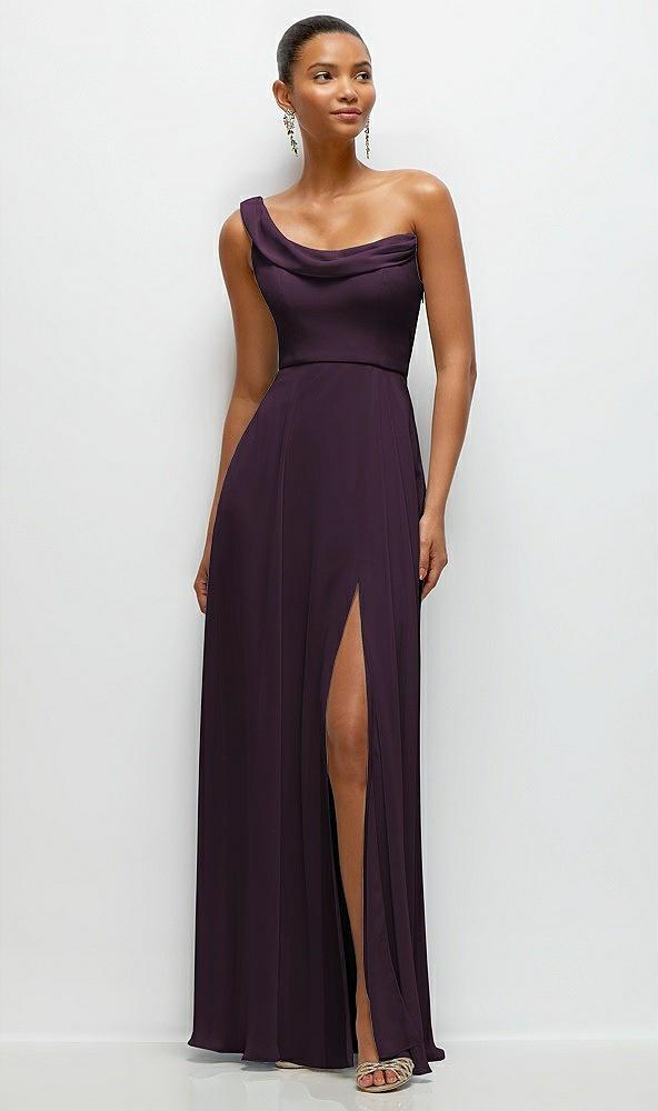 chiffon one-shoulder maxi dress with draped cowl neckline