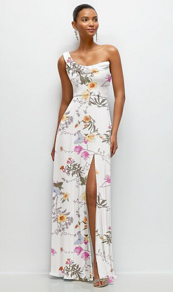 chiffon one-shoulder maxi dress with draped cowl neckline