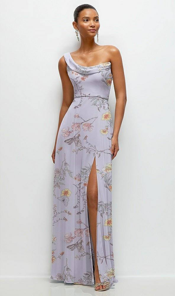 chiffon one-shoulder maxi dress with draped cowl neckline