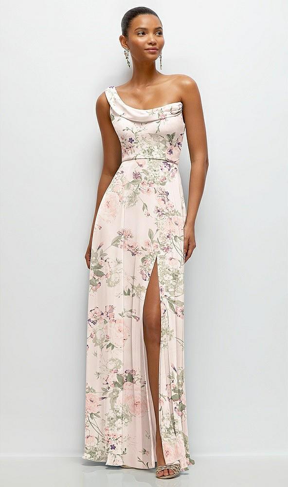 chiffon one-shoulder maxi dress with draped cowl neckline