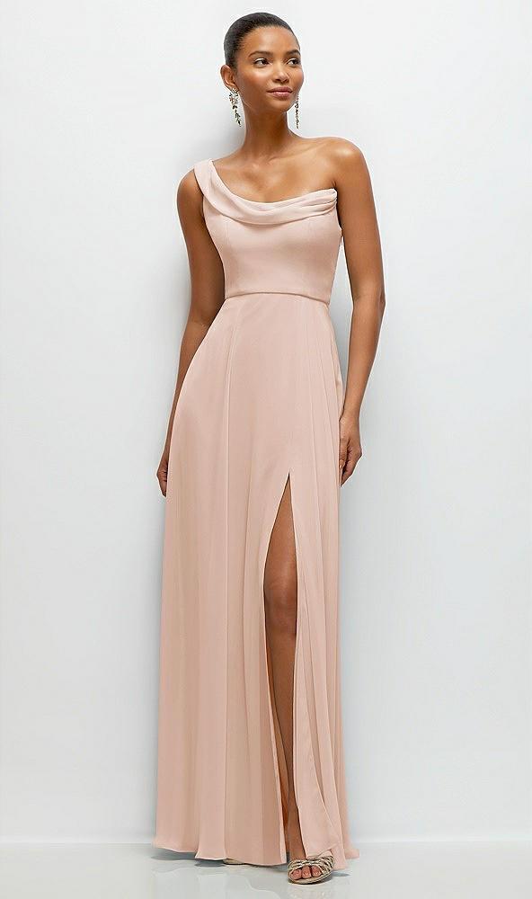 chiffon one-shoulder maxi dress with draped cowl neckline