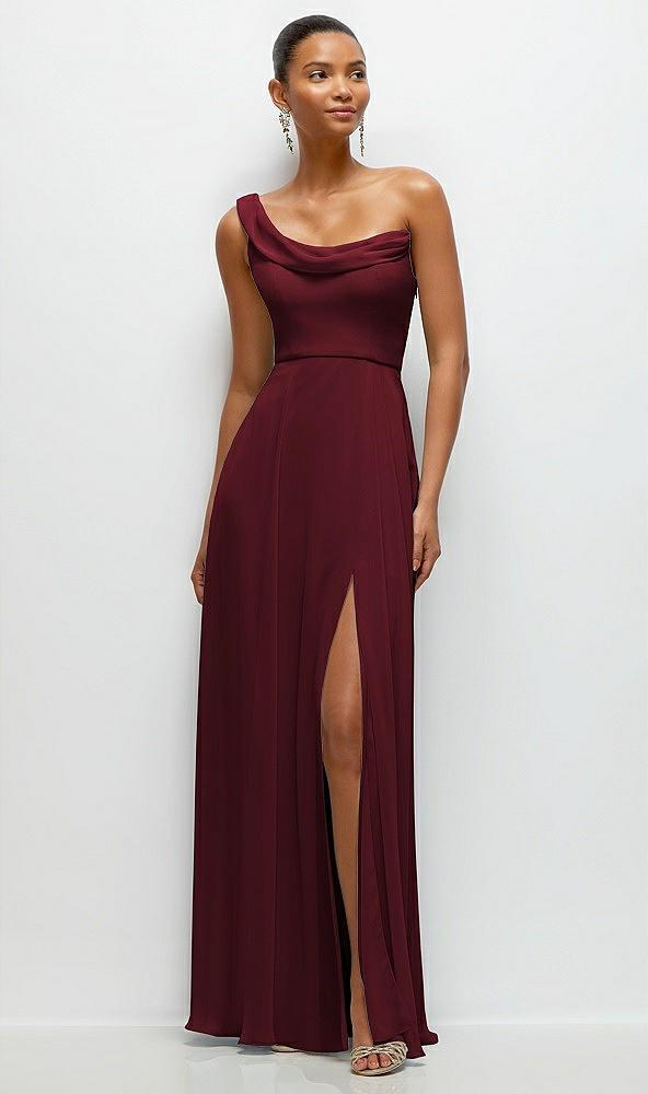 chiffon one-shoulder maxi dress with draped cowl neckline