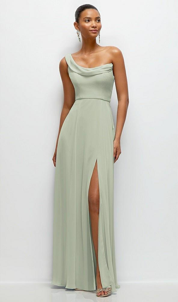 chiffon one-shoulder maxi dress with draped cowl neckline