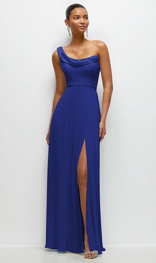 chiffon one-shoulder maxi dress with draped cowl neckline