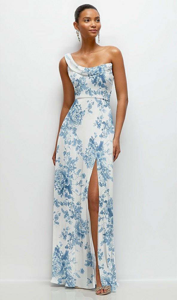chiffon one-shoulder maxi dress with draped cowl neckline
