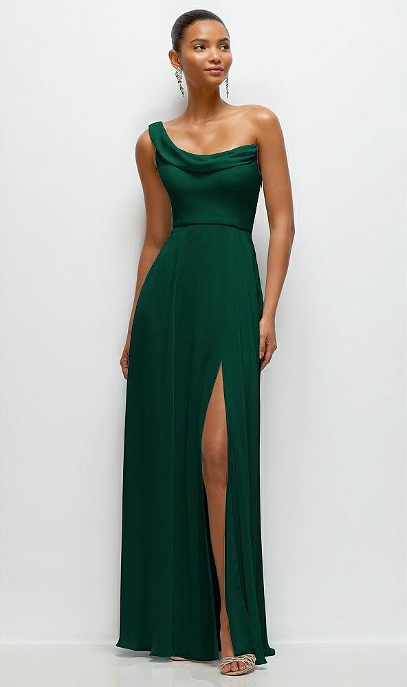 chiffon one-shoulder maxi dress with draped cowl neckline