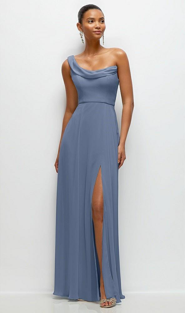 chiffon one-shoulder maxi dress with draped cowl neckline