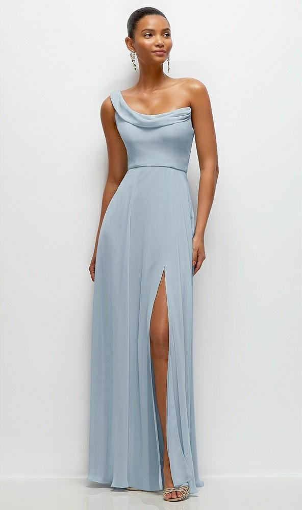 chiffon one-shoulder maxi dress with draped cowl neckline