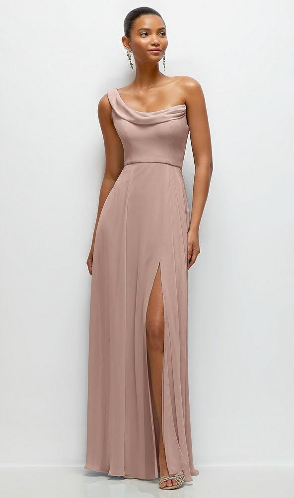 chiffon one-shoulder maxi dress with draped cowl neckline