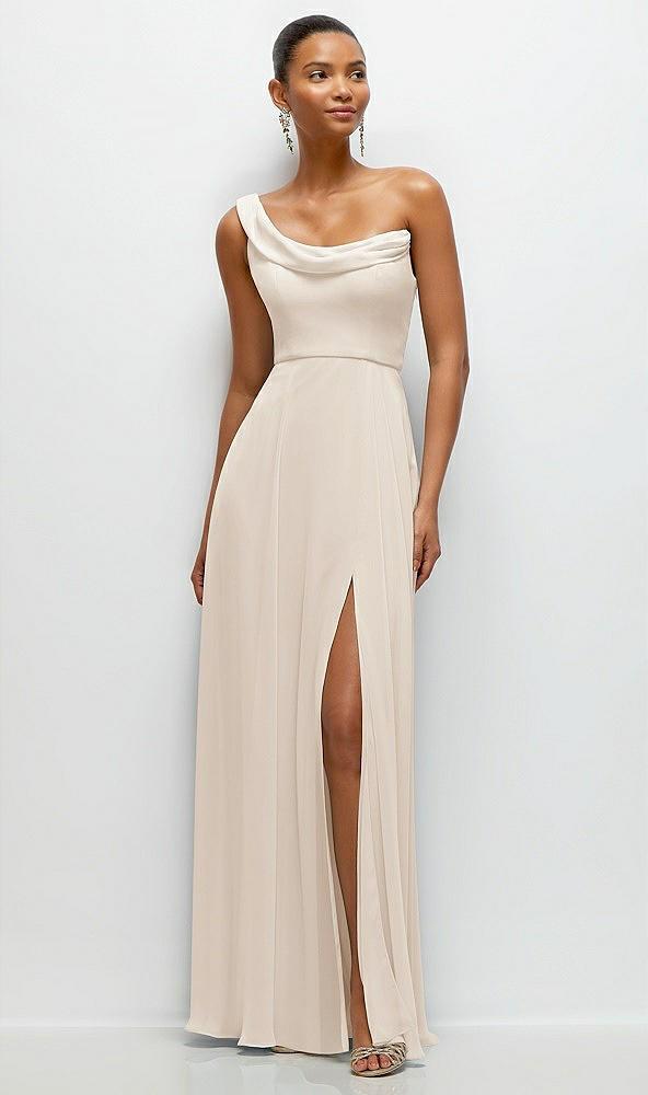 chiffon one-shoulder maxi dress with draped cowl neckline