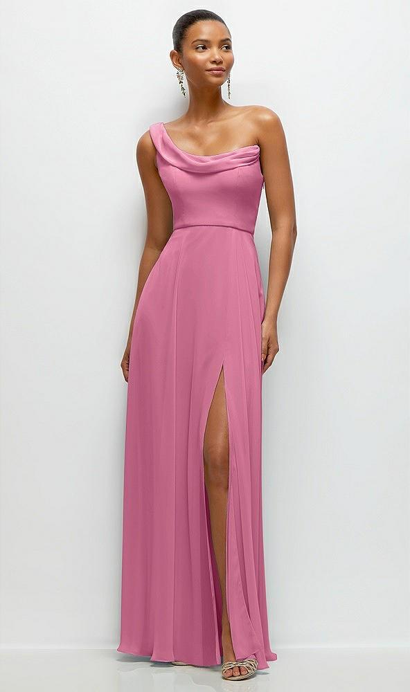 chiffon one-shoulder maxi dress with draped cowl neckline