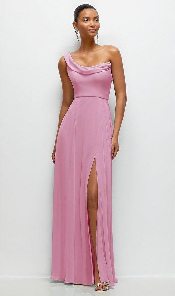 chiffon one-shoulder maxi dress with draped cowl neckline